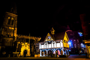 A view across the church square in Market Harborough, UK on a winters night