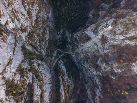 Aerial view over a rocky gorge in Buila Vanturarita