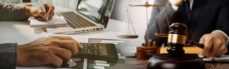 Business and lawyers discussing contract papers with brass scale on desk in office. Law, legal services, advice, justice and law concept picture with film grain effect