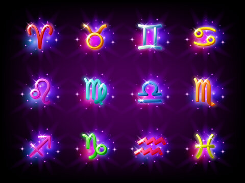 Colorful starry zodiac signs set. Horoscope. Aries and Taurus, Gemini, Cancer, Leo, Virgo, Libra, Scorpio, Sagittarius Capricorn Aquarius and Pisces Vector illustration