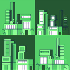 City silhouette and suburb. Heights, trees, workers homes and office buildings. Vector illustration of flat style