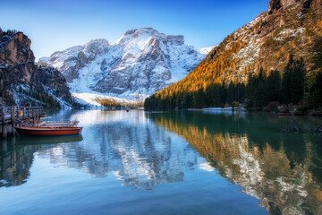 Landscape of Lago di Braies in dolomite mountains