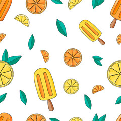 Seamless pattern with orange, tangerine and lemon on white backgrond. Orange ice cream with leaves and fruits on white background