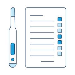 Fototapeta premium Medical thermometer and test checklist for COVID-19 vaccination. A medical poster template in shades of blue. Vector illustration isolated on a white background