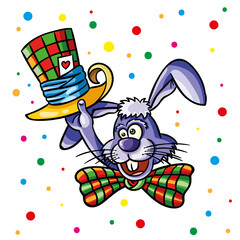 illustration of colorful loony bunny with magician top hat in isolated background