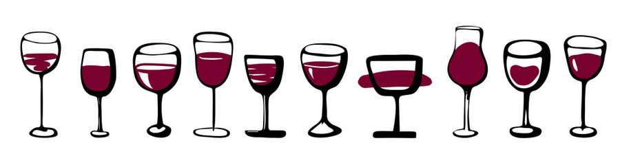 Wine glasses set - collection of sketched doodle watercolor wineglasses and glass silhouette. Hand drawn glass with red wine inside, isolated ink vector set