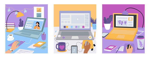 Set of workplaces with laptops on working desks. Virtual chat and video conferencing, online video-sharing app. Web Work and Entertainment concept. Set of isolated cartoon vector illustrations
