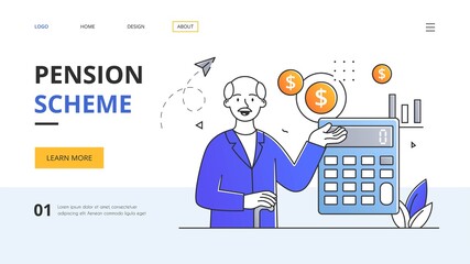 Abstract pension scheme concept. An elderly man smiles against the background of coins with a dollar sign and a calculator. Outline flat cartoon vector illustration Website, webpage template