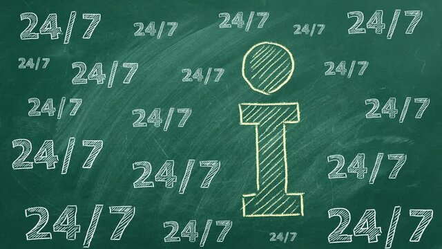 Letter I. Information sign. Info icon and lettering 24-7 drawn in chalk on a green chalkboard. 24-7 information support. Customer support. Around the clock. Seamless loop video.