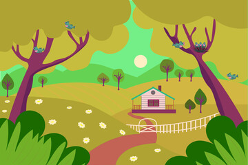 Naklejka premium A flat illustration of the nature. Summer, spring scene of a country life. Landscape. 