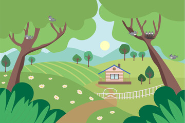 A flat illustration of the nature. Summer, spring scene of a country life. Landscape. 