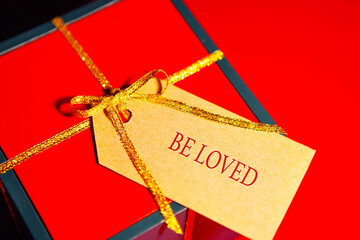 Gift box with a label, view from above.