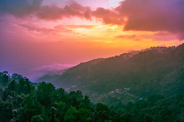 Fototapeta na wymiar View during sunset from Temple road of Mcleodganj, Himachal Pradesh, India.