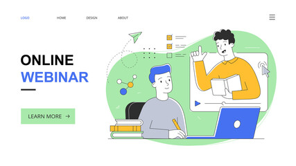 Online webinar abstract concept with a guy with a guy studying with a teacher by videoconference. Flat, outline, cartoon vector illustration. Website, webpage, landing page template