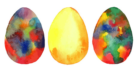 Set of colorful watercolor easter eggs on white background. Vector illustration. Spring holiday card. Perfect for greeting card, invitation, postcard, print.