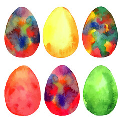 Set of colorful watercolor easter eggs on white background. Vector illustration. Spring holiday card. Perfect for greeting card, invitation, postcard, print.