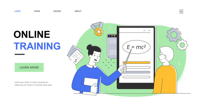 Online training or e-learning abstract concept with a teacher and a math student. Flat, outline, cartoon vector illustration. Website, webpage, landing page template