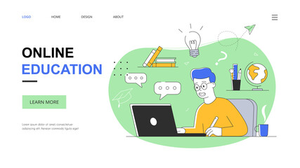 Online education concept, with a guy sitting in front of a laptop and writing an online lecture in a notebook. Flat, outline, cartoon vector illustration. Website, webpage, landing page template