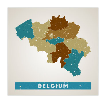 Belgium map. Country poster with regions. Old grunge texture. Shape of Belgium with country name. Stylish vector illustration.