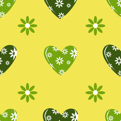 Green seamless pattern of hearts and flowers for festive romantic wrapping paper, fabric, textile, bed linen, covers. Valentine's day template. 