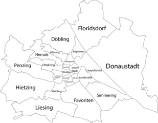 Simple vector white map with black borders and names of districts of Vienna, Austria