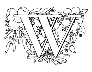 Letter W. Coloring - Anti-stress floral motifs. Alphabet symbols collection. Vector illustration. Isolated on white background