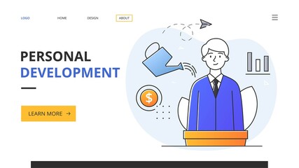 Abstract concept of self-development with a young entrepreneur sitting in a flower pot and watering himself. Outline flat vector illustration. Abstract metaphor. Website web page landing page template