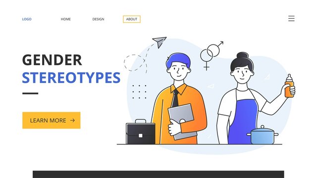 Abstract gender stereotypes concept with young male entrepreneur in business suit and girl housewife with feeding bottle. Outline flat vector illustration. Website web page landing page template