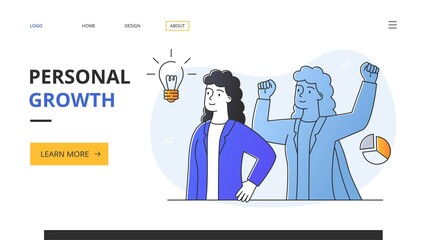Abstract personal growth concept. With a young smiling woman and her rejoicing shadow symbolizing her subconscious. Abstract metaphor. Website, web page, landing page template or layout