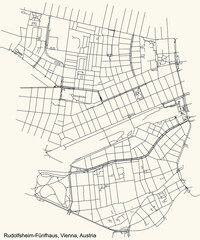 Black simple detailed street roads map on vintage beige background of the neighbourhood Rudolfsheim-Fünfhaus district of Vienna, Austria