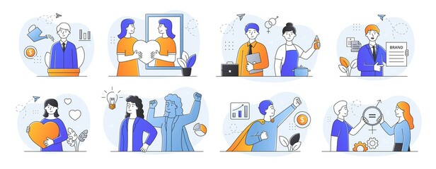 Collection of concepts on personal growth, self-branding, self branding and gender stereotypes and gender equality. Set of outline cartoon vector illustrations with fictional characters