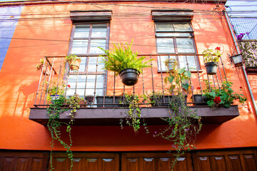 Fototapeta na wymiar Plants and flowers on balcony from orange Hispanic house