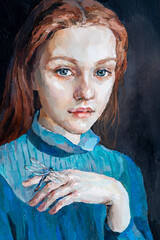 Art painting. Portrait of a girl with red hair is made in a classic style. Background is dark.
