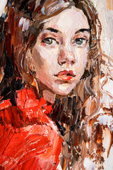 Portrait of a young beautiful girl in a red dress. Oil painting on canvas.