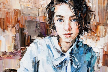 .Fragment of the picture. Portrait of a girl having breakfast in a cafe. Oil painting on canvas.