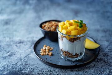 Mango Greek yogurt granola parfait in a glass