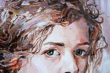 Portrait of a young, dreamy girl with curly brown hair on a white background. The painting is created in oil with expressive brush strokes.