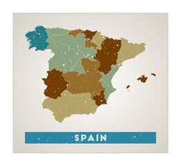 Spain map. Country poster with regions. Old grunge texture. Shape of Spain with country name. Classy vector illustration.