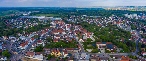 Aerial view of the old town of Rain in Bavaria on a sunny spring day	