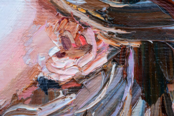 Macro. Abstract art. Expressive embossed pasty oil paints and reliefs. Colors: red; brown, white.