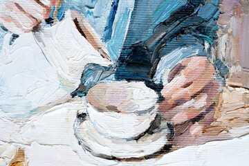 .Fragment of the picture. The girl is having breakfast in a cafe. Woman pours cream into coffee. Oil painting on canvas.