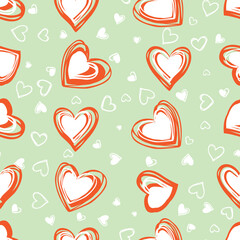 Vector green doodle cute scattered and overlapping hearts valentine seamless pattern. Suitable for textile, gift wrap and wallpaper.