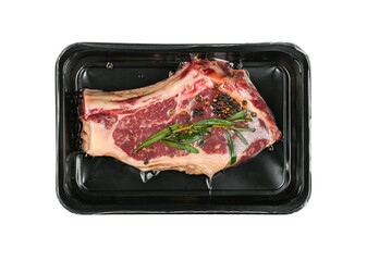 Close up raw beef ribeye steak vacuum sealed
