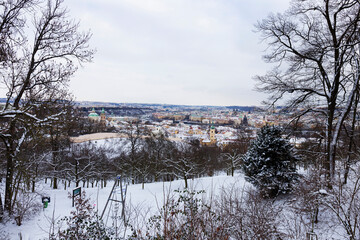 Snowy Prague City from Hill Petrin, Czech republic