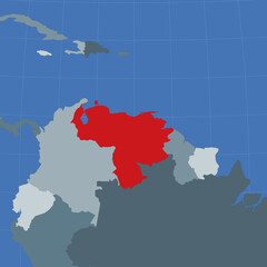 Shape of Venezuela in context of neighbor countries. Country highlighted with red color on world map. Venezuela map template. Vector illustration.