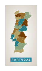 Portugal map. Country poster with regions. Old grunge texture. Shape of Portugal with country name. Appealing vector illustration.