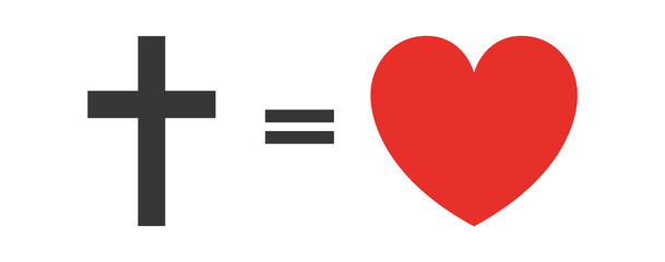 Christian cross icon in the heart. Black Christian cross sign, red heart isolated on white background. Vector illustration.