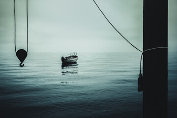 Lonely boat, crane and calm water, horror