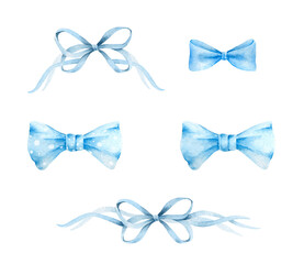 Blue bows.Watercolor illustration.Hand painted blue bows isolated on white background. - 411021578