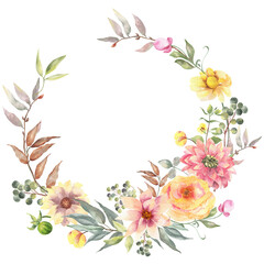 Watercolor floral frame on a whithe background.